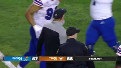 The Kansas Jayhawks, a 31-point road underdog that hadn't won a road conference game since 2008, go for 2 in overtime and beat Texas
