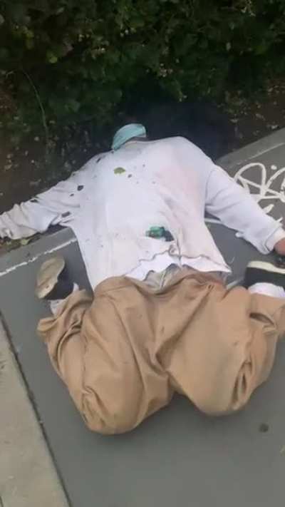 Found this dude in front for my job at 6am like this (he’s alive and breathing he was taken to the hospital)