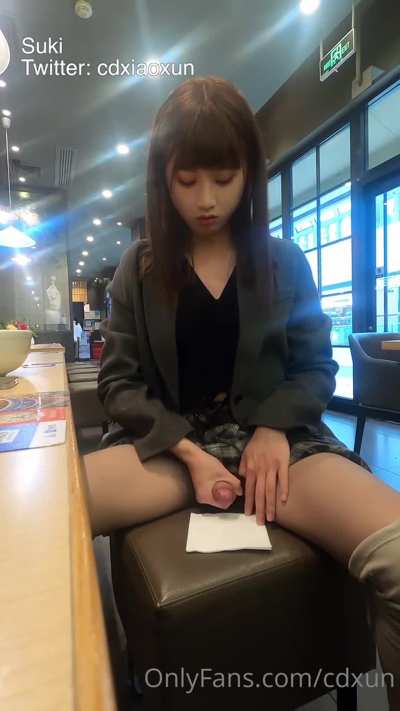 Asian Tgirl public cafeteria Cumshot