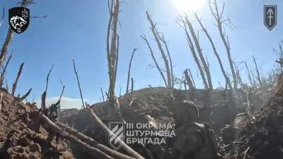 Kharkiv direction 3rd brigade of UA forces clear Russian trench first via danger close use of FPV drones, then 'door to door' clearing of the trench.