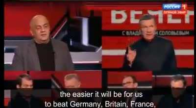 A russian TV presenter speaks about beating other European countries and USA, besides Ukraine, because these countries are also nazi. All-russian federal state TV channel, live stream.