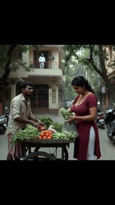 he is watching his beautiful wife buying vegetables from the vendor find out what his daydream is about