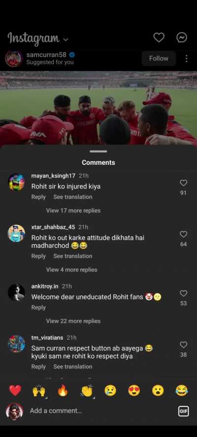 Rohitians are now abusing Sam Curran for dismissing Rohit Sharma last night