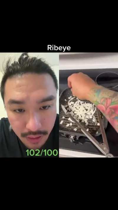 Food critic critiquing someone on their steak grilling skills