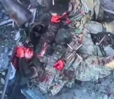 Drone footage of the knife fight between the RU and UA soldiers