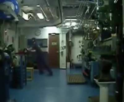 What it's like to walk on a ship while it's being rocked by strong waves.
