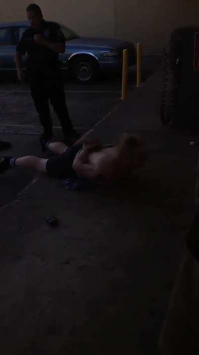 Cop in Baytown Tx pulls over black man. White man is on the phone talking about it. Cop says white man is cussing in public so tackles him and knees him in the head while he's down. This happened TODAY.