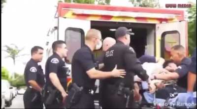 Cop punches a man on a stretcher being put in an ambulance