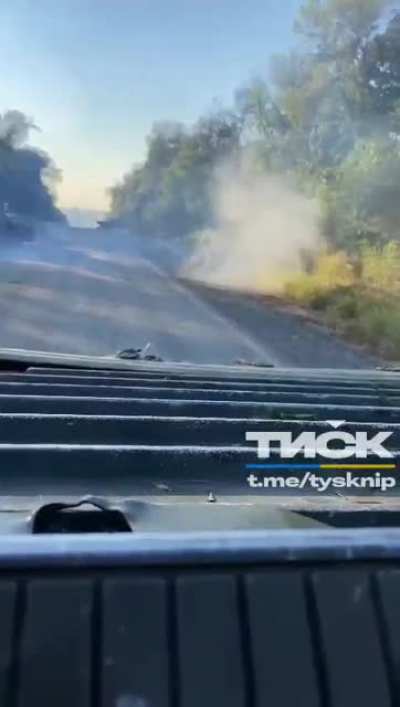 A Ukrainian mechanized infantry column going down a country road encounter a Russian BMP in their path - Some fire is exchanged, resulting in the BMP's destruction and death of its crew
