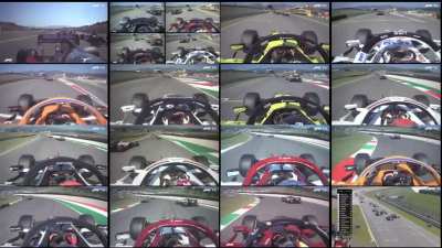 All onboards, radios on, engines on, no commentators. The big crash at Tuscan GP. In order of race position.