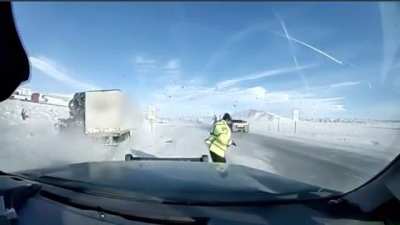 Snowy roads, stuck cars, and semis traveling fast almost leads to disaster