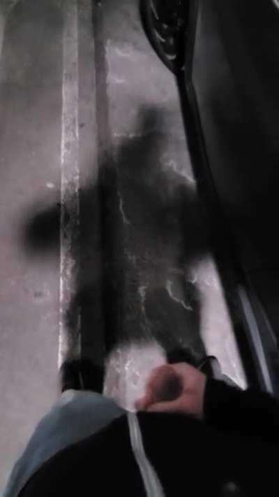 Walking through the parking garage with my dick out, then I blow my load beside someone's car