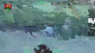 FPV pilots of the Ukrainian 71st Jaeger Brigade attack another Russian turtle tank. Kharkiv Oblast. 