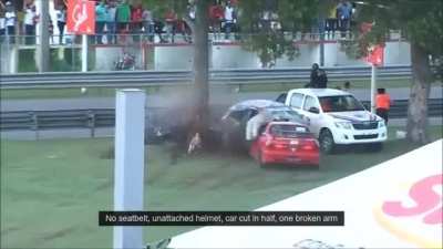 car crash - no safety belt - helmet not secured either