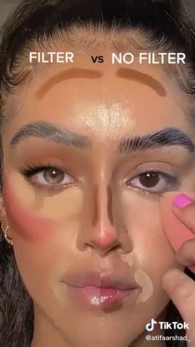 Tiktok influencer shows makeup application- half of her face with filter and half with no filter