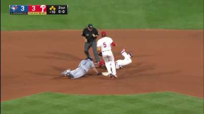 [Highlight] Jean Segura snags a liner and dives to the bag for the double play, getting the Phils out of a 10th inning bases loaded jam.