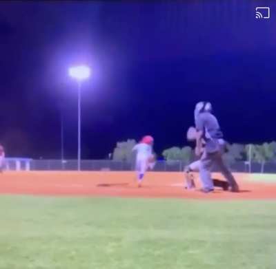 Kid hits pitched ball & foul ball from another field at the same time