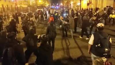 White supremacists(antifa) do a monkey dance innuendo and steal black mans hat - Washington, DC 14th November