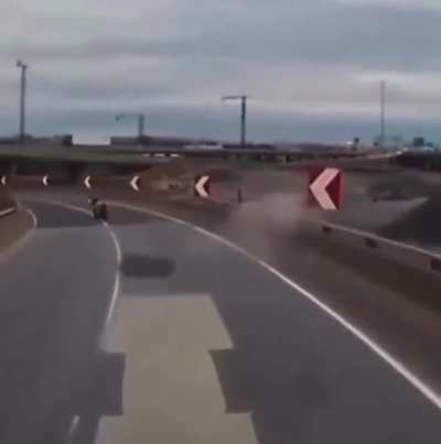 Guy crashes bike and falls off bridge, but the bike still had places to go
