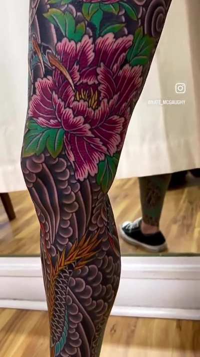 Finished dragon & peonies leg by Nate McGaughy in Wilmington, NC