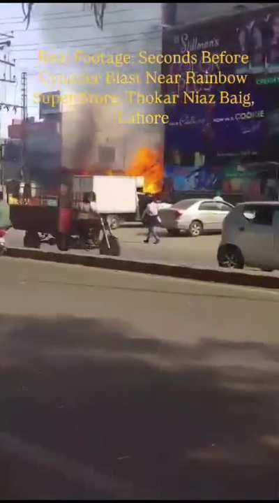 Real footage captured seconds before a cylinder explosion near Rainbow Super Store, Thokar Niaz Baig, Lahore.