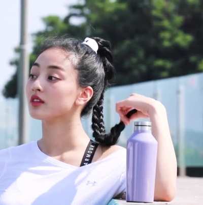 Jihyo - braided ponytail, black under armour shorts, white top