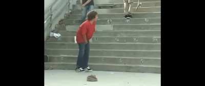 Kid jumps off stairs on skateboard, skateboard breaks into two, forming a sharp wedge to achieve maximum ball smash.