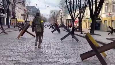 The people of Odessa, Ukraine built tank blockades in preparation of invading Russian forces