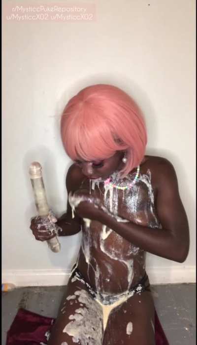 Ebony Girl Deepthroats Dildo and Vomits On Herself