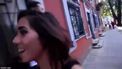 Walking down the street with cum on her face