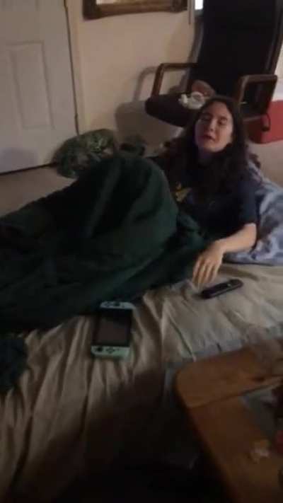 I scream as my friend jumps on my bed