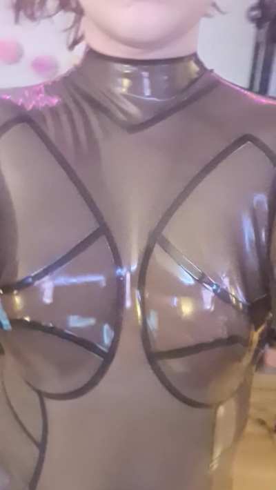 Trying on my new semi-<wbr>trans<wbr>paren<wbr>t latex catsuit!