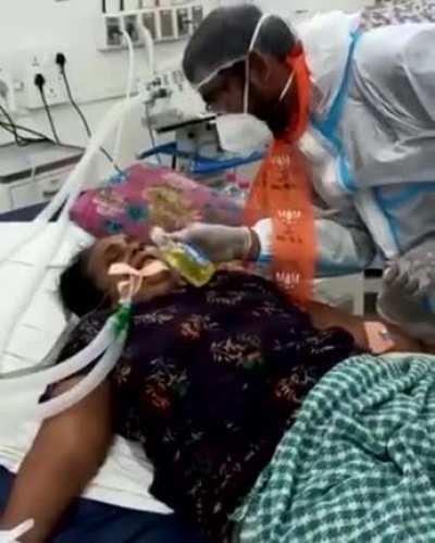 A BJP politician in India feeding someone, dying of covid, cow piss to heal them