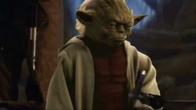 Yoda cuts R2D2 to pieces