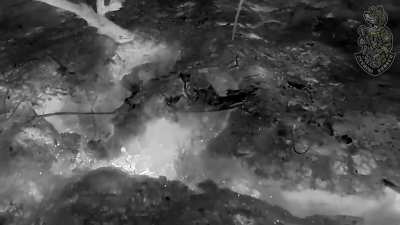 Russian soldier crawls onto grenade dropped by therm<wbr>al-eq<wbr>uippe<wbr>d drone operated by Ukrainian 59th Motorized Brigade - Presumably Eastern Donbas, 2023