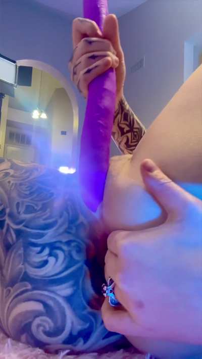 Fingering my ass while my purple dildo fills my pussy!