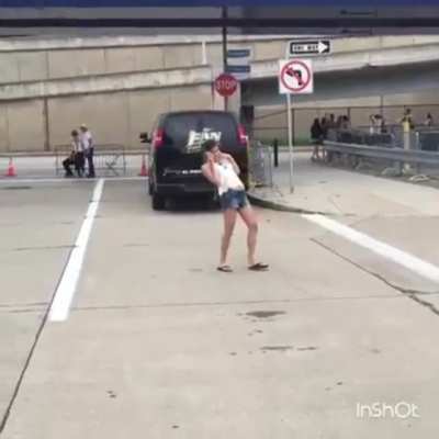 Poor girl got caught up in a hurricane. These other people must have lead boots!