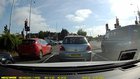 Idiot cuts up first car at a zipper junction, then tries to overtake by driving in to oncoming traffic. Totalled my car (mine = red Kia, jackass is black merc)