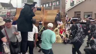 In Japan, Danjiri are festival carts with musicians riding on board and playing instruments such as drums, gongs, and flute. Danjiri is made up entirely from wood with a weight of 4-5 tons and towed by teams with 100+ men through street intersections
