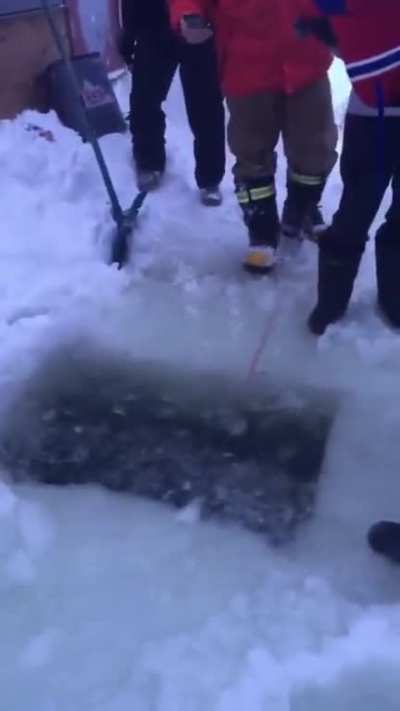 Dude loses his phone in a frozen lake so his friends help him retrieve it