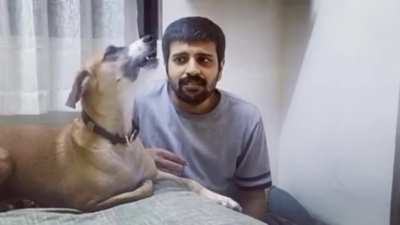 Dog tries to imitate the owner