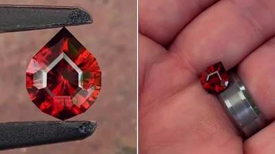 2.78ct Tanzanian Zircon cut in Marco Voltolini’s “Maya Drop”. 9.8x7.9x5.1mm. Has a surface reaching inclusion on the pavilion but safe to set in a pendant. Priced accordingly at $415+s/h
