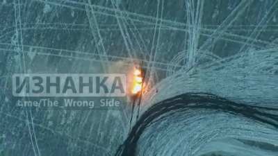 RU pov: Lancet drone hits AHS Krab, it drives off but then gets hit again by a second Lancet drone, resulting in the complete destruction of the Krab. Bakhmut region.