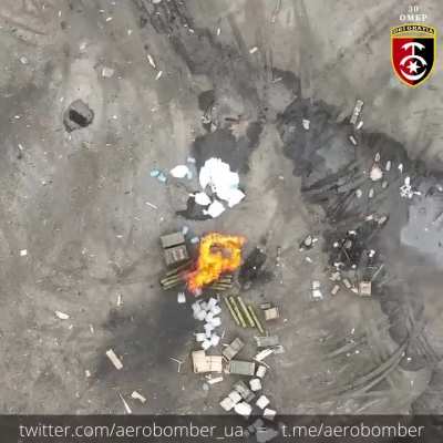 Footage of the Ukrainian 30th Mechanized Brigade destroying Russian ammunition dumps left out in the open with drone drops.