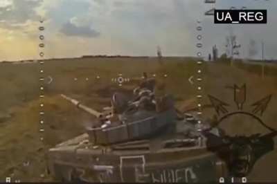 Destruction of a Russian T-80BV with drone-dropped TNT after a failed Russian counter-attack near Robotyne, Zaporizhzhia Oblast. September 2023.