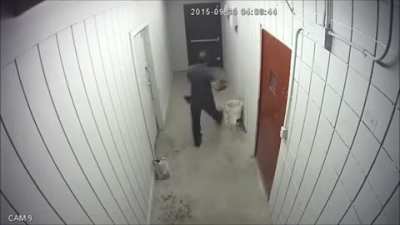 Owner of a store got tired of being robbed, so he set a trap for this dumb criminal. I speeded it up for your viewing pleasure.