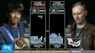 Final round of Tetris World Championship 2018 - Then 16 year old underdog Joseph Saelee Won against 7-time Tetris champ Jonas Neubauer.