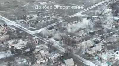 Ua Pov Ukrainian drone reportedly directs a BMP to fire on a close-range Russian position in Bakhmut. A man is seen running by the targeted house at 0:41 seconds in, then an ATGM hits.
