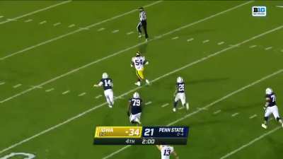 Daviyon Nixon, Iowa's 304-pound defensive lineman, intercepts a pass and returns it 71 yards for a touchdown