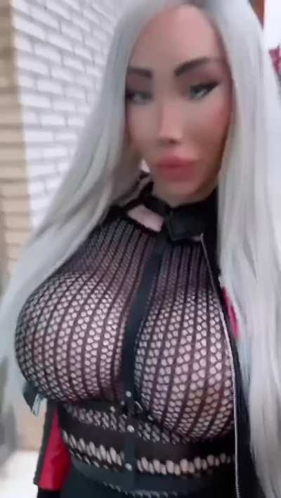 Walking my plastic melons to the restaurant. Would you stop me for a picture with you?